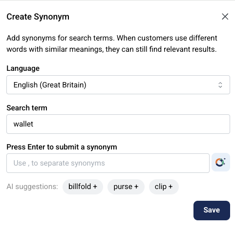 Add synonyms screen Add synonyms screen