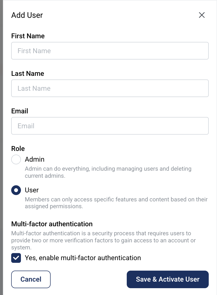 The slide-in form containing all necessary fields to add a new User.