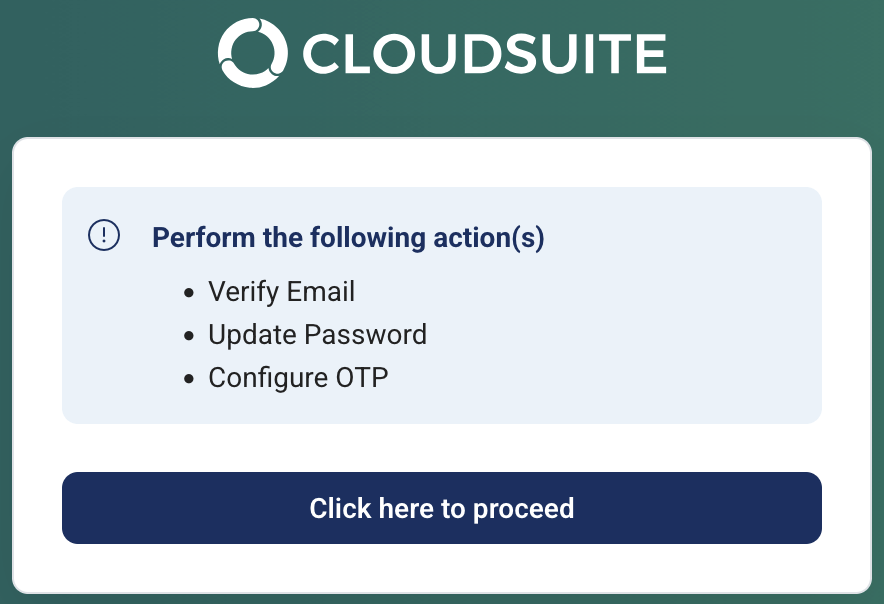 The screen detailing the necessary steps for a user to follow when a new account was created for them.